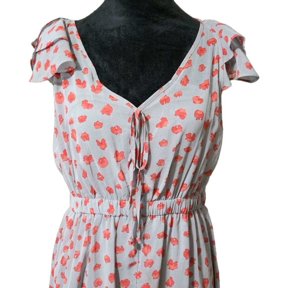 Aggie Floral Flowy Maxi Dress Sz M Gray Red Ruffle Cap Sleeve Peasant V-Neck - Picture 2 of 14